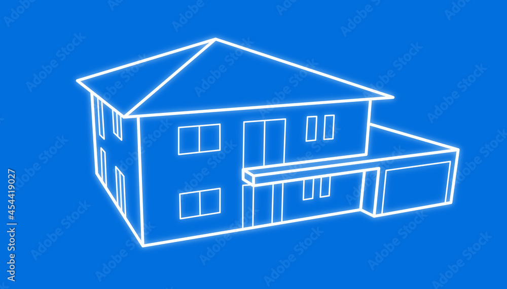 View of a design for a residential house, single-family house, city villa, residential construction, new building, planning, architecture, blueprint View of a design for a residential house, single-family house, city villa, residential construction, new building, planning, architecture, blueprint