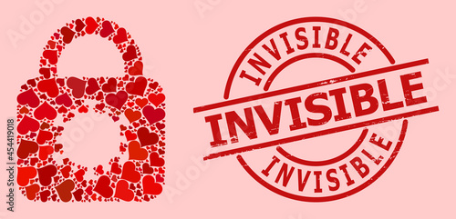 Textured Invisible stamp seal, and red love heart collage for virus lock. Red round stamp seal contains Invisible tag inside circle. Virus lock collage is constructed with red romance items.