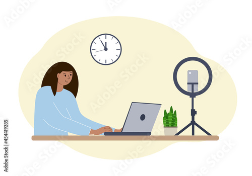 Illustration of a female blogger at the table with a laptop. Online filming of a training course or blog