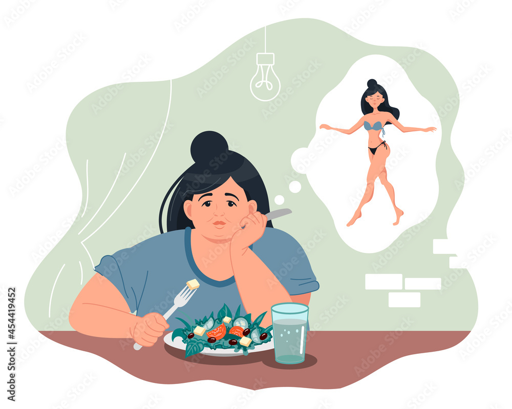 Fototapeta premium An obese sad woman eats a salad and dreams of being thin. Problems with excess weight. Weight loss, diet and a healthy lifestyle. Vector illustration