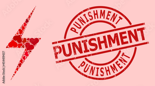 Scratched Punishment stamp seal, and red love heart mosaic for electric strike. Red round stamp seal includes Punishment title inside circle.