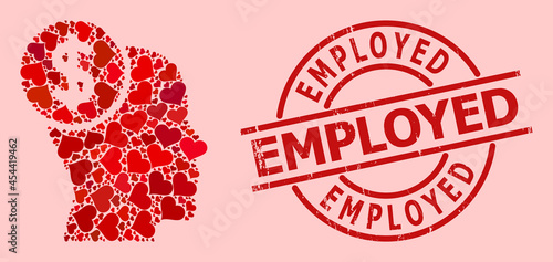 Rubber Employed stamp seal, and red love heart mosaic for head banking. Red round stamp includes Employed caption inside circle. Head banking mosaic is done from red dating elements.