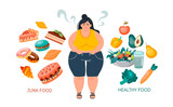 An obese Woman choosing between healthy and unhealthy food