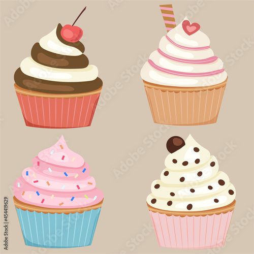 Set of four cute cupcakes 