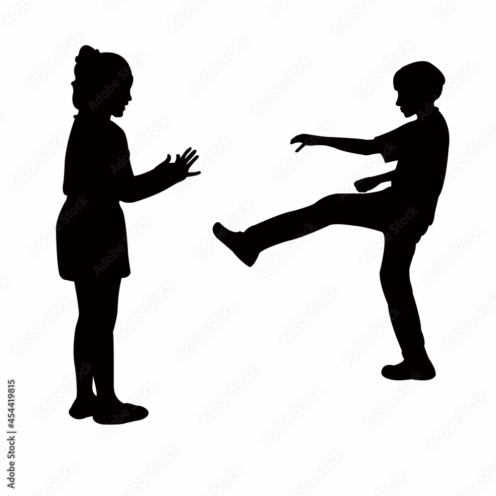 a boy and girl fighting, silhouette vector