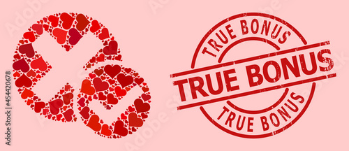 Scratched True Bonus stamp seal, and red love heart mosaic for true negative. Red round stamp seal has True Bonus tag inside circle. True negative mosaic is done from red romance items.