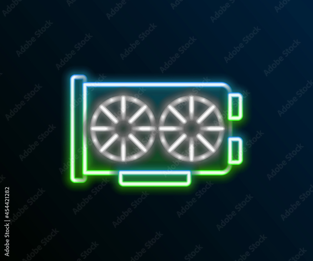 Glowing neon line Video graphic card icon isolated on black background. Colorful outline concept. Vector Glowing neon line Video graphic card icon isolated on black background. Colorful outline concept. Vector