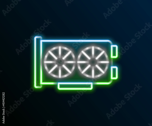 Glowing neon line Video graphic card icon isolated on black background. Colorful outline concept. Vector