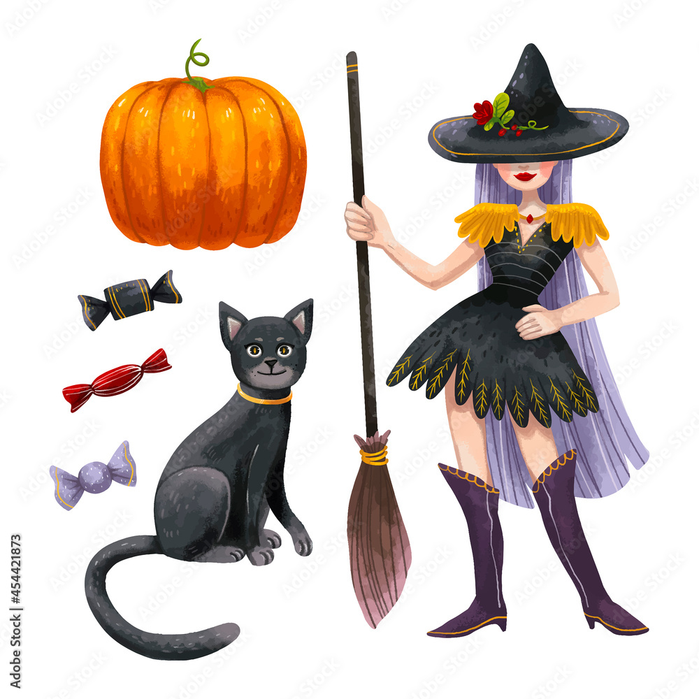 a set of Halloween illustrations with a witch with long purple hair, a broom and a magic hat, a black cat, three different sweet candies and a juicy orange pumpkin