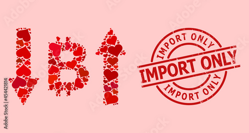 Distress Import Only stamp, and red love heart collage for bitcoin volatility. Red round stamp seal has Import Only caption inside circle. Bitcoin volatility collage is created of red wedding items.