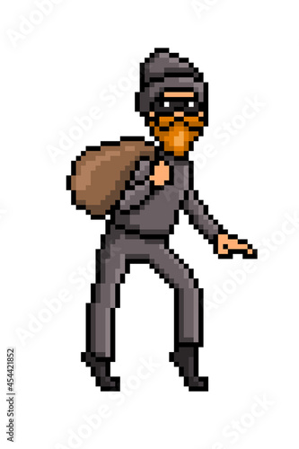 Pixel art sneaking thief in a black mask and costume with a money bag isolated on white. 8 bit tiptoeing robber.Old school vintage retro 80s  90s 2d computer  video game  slot machine graphics.