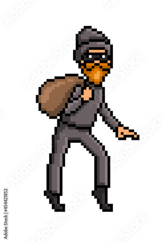 Pixel art sneaking thief in a black mask and costume with a money bag isolated on white. 8 bit tiptoeing robber.Old school vintage retro 80s, 90s 2d computer, video game, slot machine graphics.
