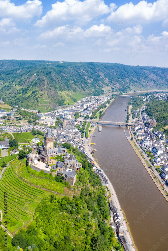 Cochem town at Moselle river Mosel with Middle Ages castle portrait format in Germany