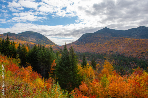 Hancock Notch Overlook on Kancamagus Highway in White Mountain National Forest in fall, Town of Lincoln, New Hampshire NH, USA.