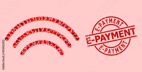 Rubber E-Payment stamp seal, and red love heart mosaic for wi-fi waves. Red round stamp seal includes E-Payment tag inside circle. Wi-fi waves mosaic is formed of red wedding elements.