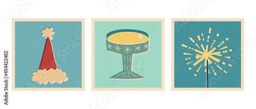 Retro style Christmas greeting card set. Santa's hat, vintage crystal glass with champagne, firework or bengal sparkler.