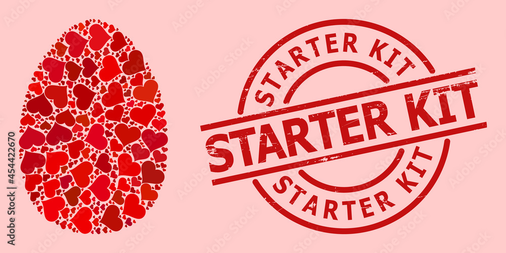 Textured Starter Kit stamp, and red love heart collage for egg. Red round stamp has Starter Kit tag inside circle. Egg collage is organized of red romantic icons. Textured Starter Kit stamp, and red love heart collage for egg. Red round stamp has Starter Kit tag inside circle. Egg collage is organized of red romantic icons.