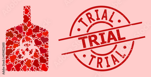 Scratched Trial stamp seal, and red love heart pattern for biohazard bottle. Red round stamp seal contains Trial title inside circle. Biohazard bottle mosaic is formed of red romance elements.