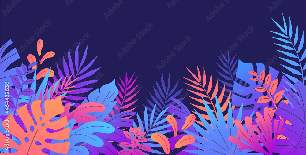 Colorful tropical plants leaves floral decoration with dark background gradient illustration