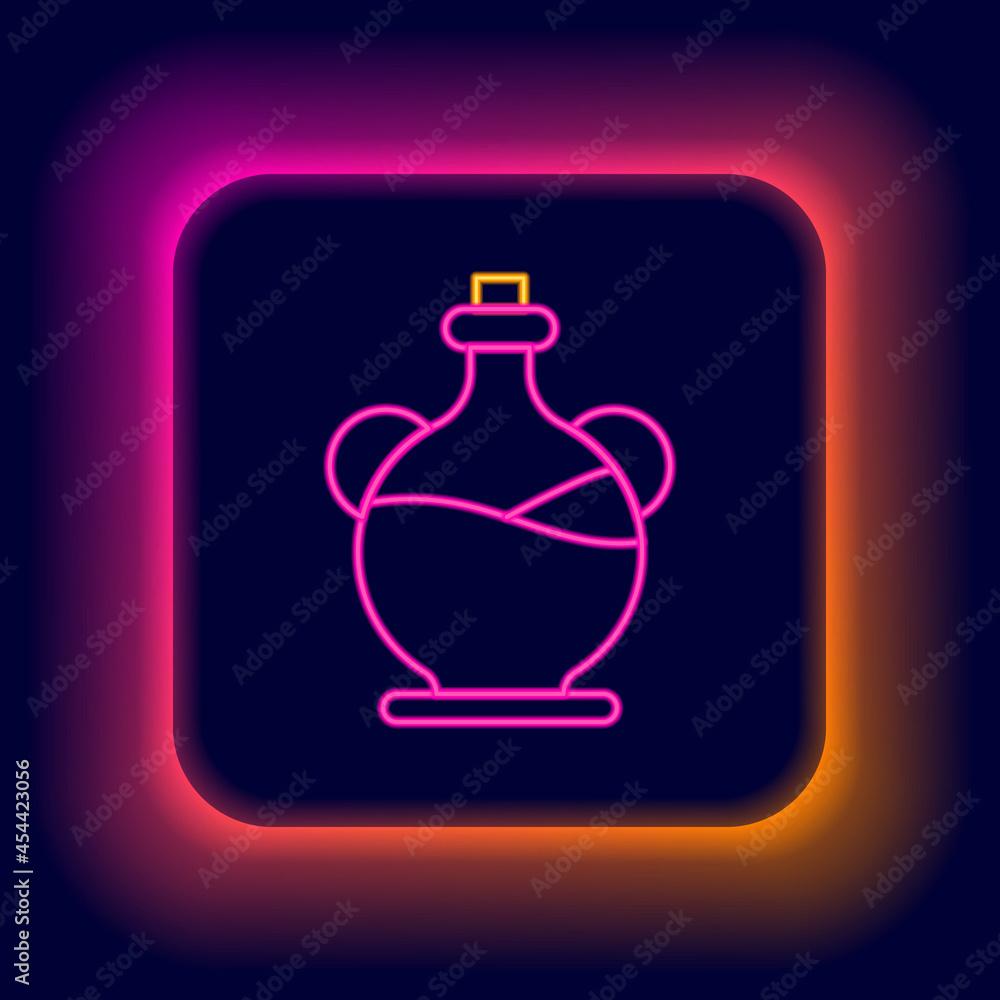 Glowing neon line Bottle of olive oil icon isolated on black background. Jug with olive oil icon. Colorful outline concept. Vector Glowing neon line Bottle of olive oil icon isolated on black background. Jug with olive oil icon. Colorful outline concept. Vector