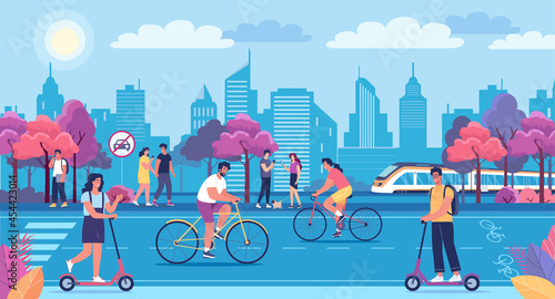 Young people walking, riding bicycles and scooters on the modern city street blue color vector illustration