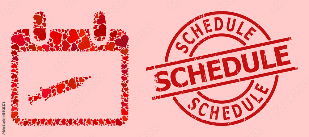 Scratched Schedule stamp seal, and red love heart pattern for vaccination calendar. Red round stamp seal includes Schedule tag inside circle. Scratched Schedule stamp seal, and red love heart pattern for vaccination calendar. Red round stamp seal includes Schedule tag inside circle.