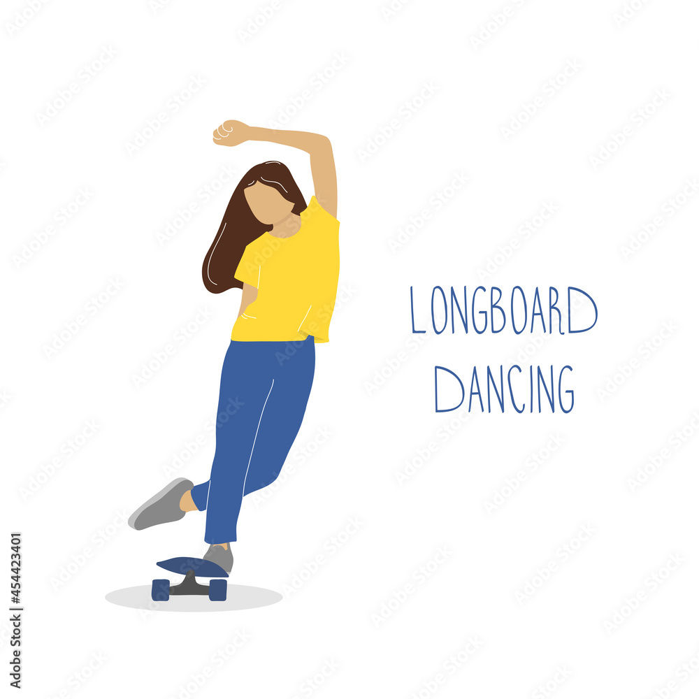 Young woman dancing on longboard. Girl riding on longboard in the city street.
