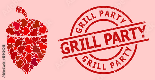 Grunge Grill Party stamp seal, and red love heart mosaic for oak acorn. Red round stamp seal includes Grill Party title inside circle. Oak acorn mosaic is created with red wedding symbols.