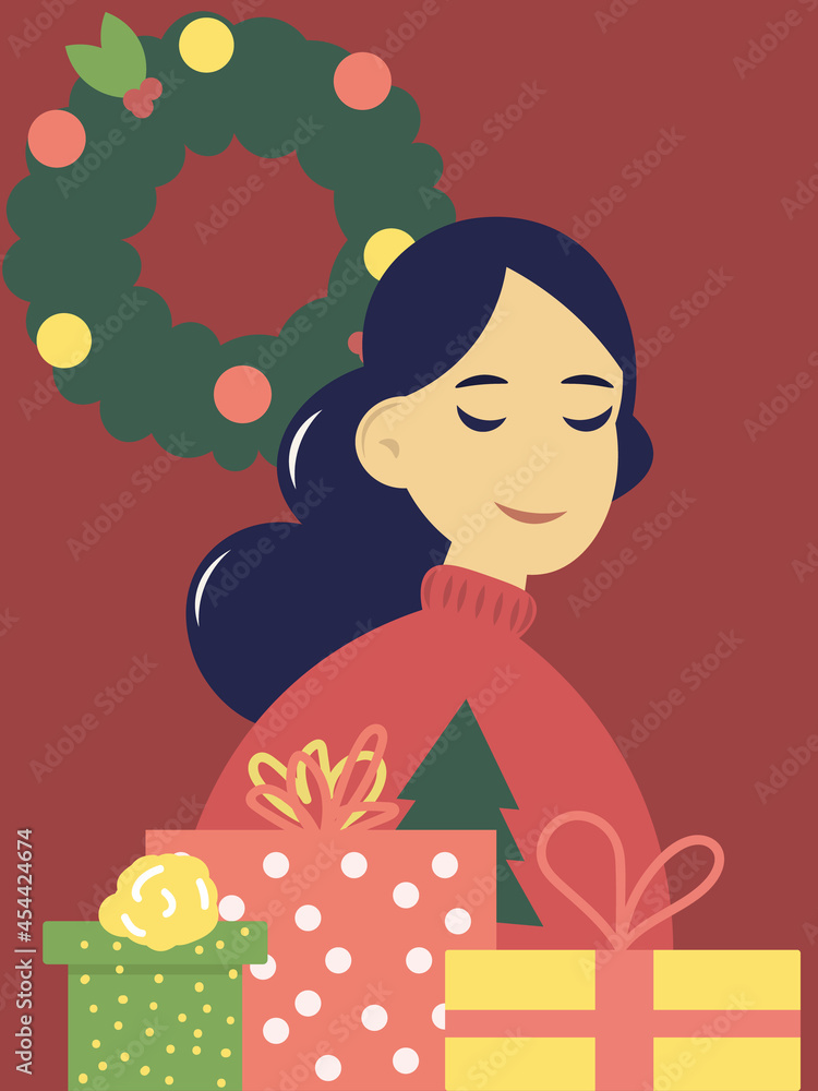 Young woman is packing Christmas gifts in boxes. New year 2022. Preparation for the holiday. Flat vector illustration Young woman is packing Christmas gifts in boxes. New year 2022. Preparation for the holiday. Flat vector illustration