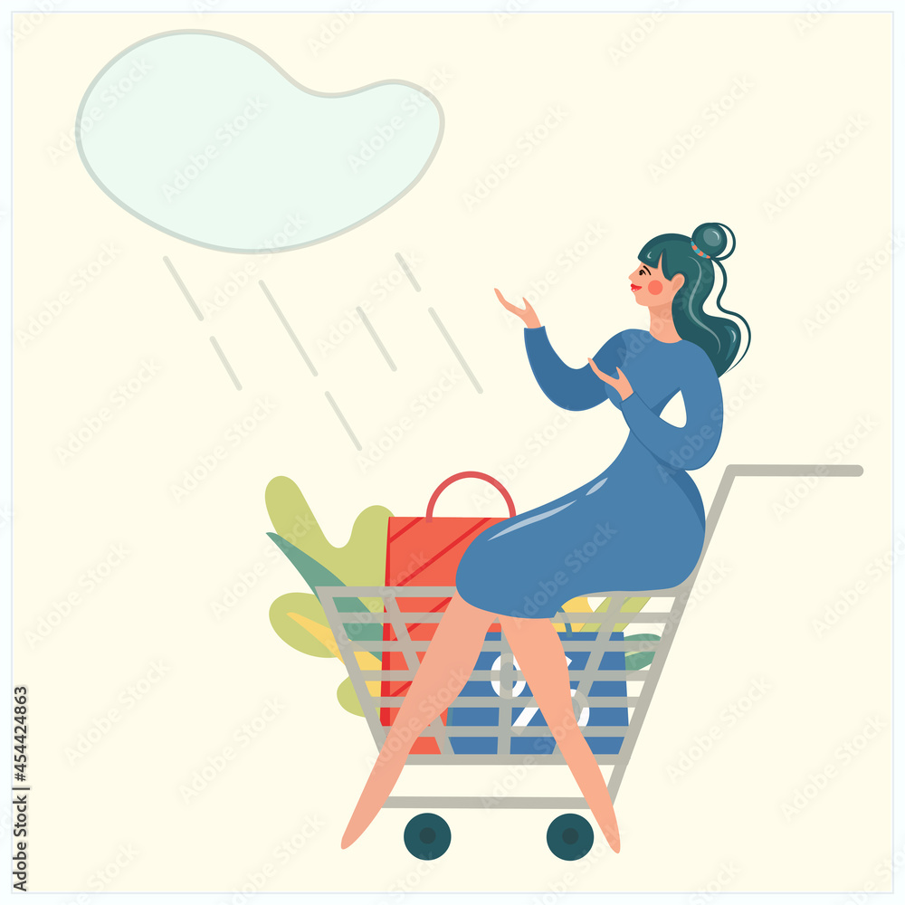 A girl sits in a shopping cart and points to a cloud of discounts during the rainy season. Autumn sales with a lady in a blue dress. Consumer basket with bags, wrappings and autumn leaves. Vector.