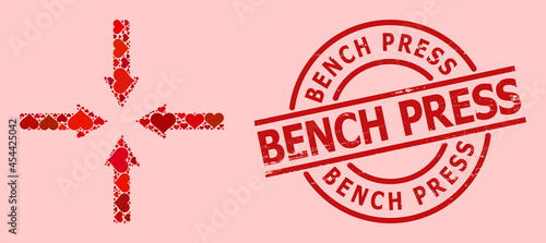 Scratched Bench Press stamp, and red love heart collage for shrink arrows. Red round stamp seal includes Bench Press text inside circle. Shrink arrows collage is composed with red romance icons.