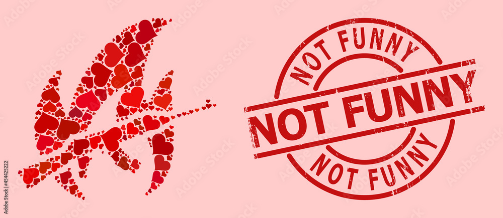 Rubber Not Funny stamp seal, and red love heart pattern for war fire. Red round stamp seal includes Not Funny caption inside circle. War fire collage is organized with red amour elements. Rubber Not Funny stamp seal, and red love heart pattern for war fire. Red round stamp seal includes Not Funny caption inside circle. War fire collage is organized with red amour elements.