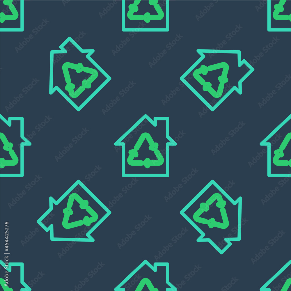 Line Eco House with recycling symbol icon isolated seamless pattern on blue background. Ecology home with recycle arrows. Vector Line Eco House with recycling symbol icon isolated seamless pattern on blue background. Ecology home with recycle arrows. Vector