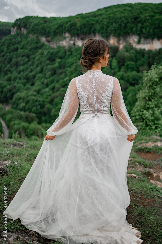 view from back. bride in a wedding dress posing in mountains. clothes for bride view from back. bride in a wedding dress posing in mountains. clothes for bride