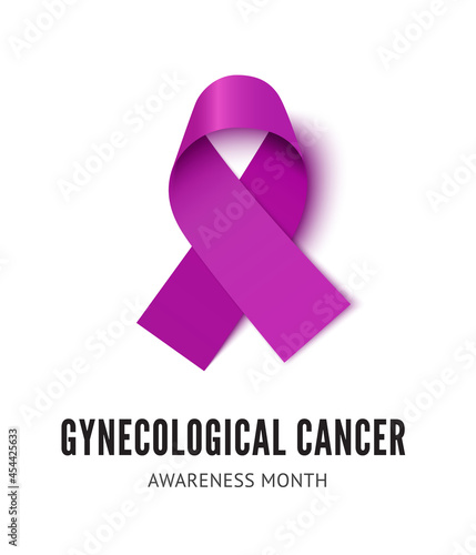 Gynecological cancer awareness ribbon vector illustration isolated on white background. Realistic vector Purple silk ribbon with loop