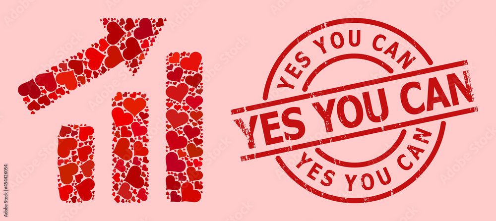 Rubber Yes You Can stamp seal, and red love heart pattern for up trend bar chart. Red round stamp seal contains Yes You Can text inside circle. Rubber Yes You Can stamp seal, and red love heart pattern for up trend bar chart. Red round stamp seal contains Yes You Can text inside circle.