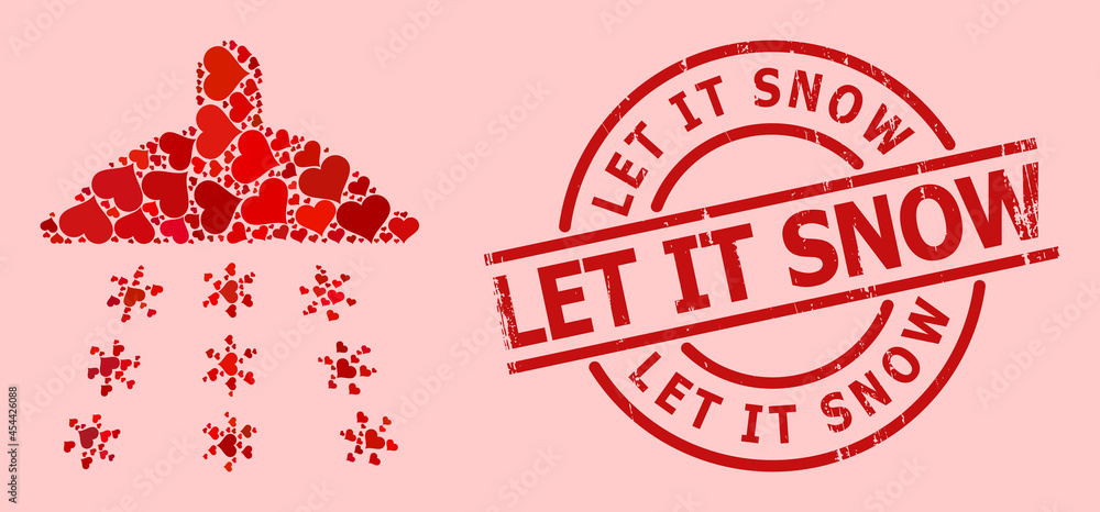 Scratched Let It Snow stamp seal, and red love heart collage for snow shower. Red round stamp seal has Let It Snow caption inside circle. Snow shower mosaic is done from red dating icons. Scratched Let It Snow stamp seal, and red love heart collage for snow shower. Red round stamp seal has Let It Snow caption inside circle. Snow shower mosaic is done from red dating icons.