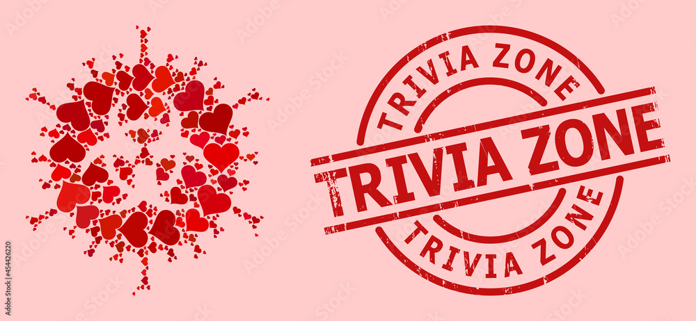 Textured Trivia Zone stamp seal, and red love heart collage for biohazard virus. Red round stamp seal includes Trivia Zone tag inside circle. Textured Trivia Zone stamp seal, and red love heart collage for biohazard virus. Red round stamp seal includes Trivia Zone tag inside circle.