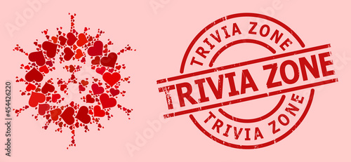 Textured Trivia Zone stamp seal, and red love heart collage for biohazard virus. Red round stamp seal includes Trivia Zone tag inside circle.