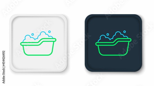 Line Baby bathtub with foam bubbles inside icon isolated on white background. Colorful outline concept. Vector