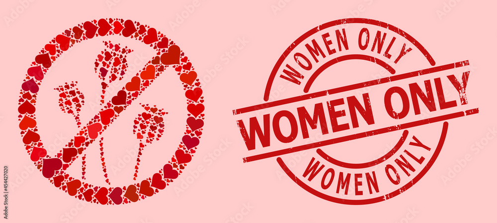 Grunge Women Only stamp seal, and red love heart pattern for stop poppy plants. Red round stamp seal has Women Only text inside circle. Stop poppy plants collage is done of red wedding items. Grunge Women Only stamp seal, and red love heart pattern for stop poppy plants. Red round stamp seal has Women Only text inside circle. Stop poppy plants collage is done of red wedding items.