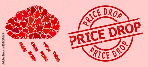 Textured Price Drop stamp seal, and red love heart mosaic for rain. Red round badge has Price Drop text inside circle. Rain mosaic is composed with red romantic symbols.
