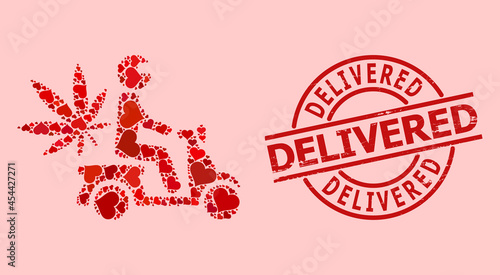 Rubber Delivered stamp seal, and red love heart pattern for marijuana motorbike delivery. Red round stamp seal has Delivered caption inside circle.
