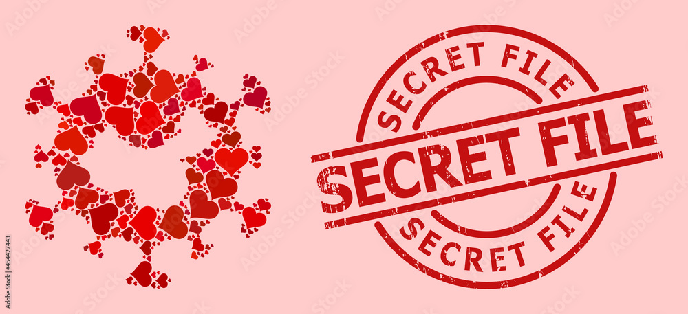 Scratched Secret File stamp seal, and red love heart collage for Chinese flu virus. Red round seal has Secret File text inside circle. Chinese flu virus collage is created with red romantic icons. Scratched Secret File stamp seal, and red love heart collage for Chinese flu virus. Red round seal has Secret File text inside circle. Chinese flu virus collage is created with red romantic icons.