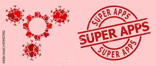 Textured Super Apps badge, and red love heart mosaic for virus gears. Red round badge includes Super Apps title inside circle. Virus gears mosaic is done with red romance symbols.