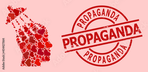 Rubber Propaganda stamp seal, and red love heart mosaic for brainwashing. Red round stamp seal contains Propaganda caption inside circle. Brainwashing collage is formed of red romantic elements.