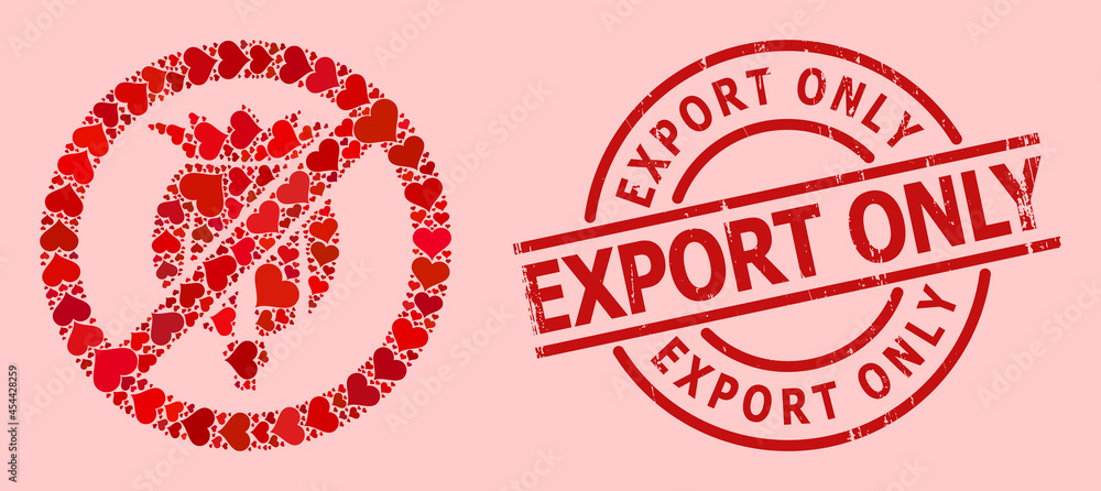 Rubber Export Only seal, and red love heart mosaic for forbid opium poppy. Red round seal contains Export Only tag inside circle. Forbid opium poppy collage is designed from red amour elements. Rubber Export Only seal, and red love heart mosaic for forbid opium poppy. Red round seal contains Export Only tag inside circle. Forbid opium poppy collage is designed from red amour elements.