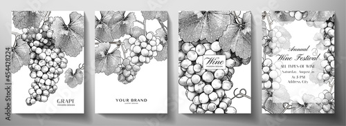 Wine set (collection). Grape bunch (vine) with leaves on background. Black and white vintage vector illustration for wine products, catalog or label design template, wine list, restaurant photo