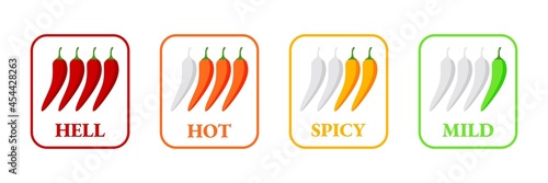 Spicy hot chili pepper icons set with flame and rating of spicy Mild, medium hot and extra hot level of pepper sauce or snack food Chili pepper or chile habanero and jalapeno level Hot pepper sign