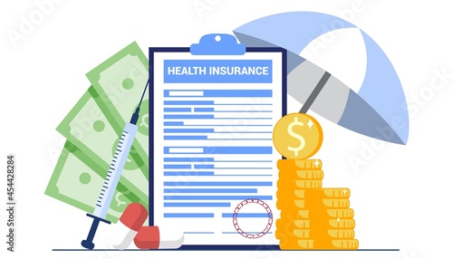 Health insurance claim form concept Big clipboard with document on it under the umbrella Healthcare Finance and medical service Family insurance vector illustration in cartoon style Medical form